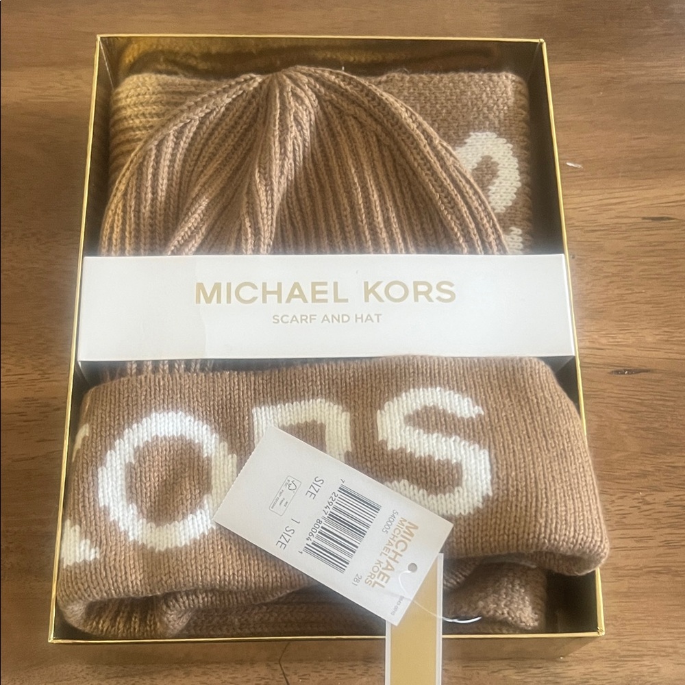 Michael Kors Brown and Cream Scarf and Hat Set